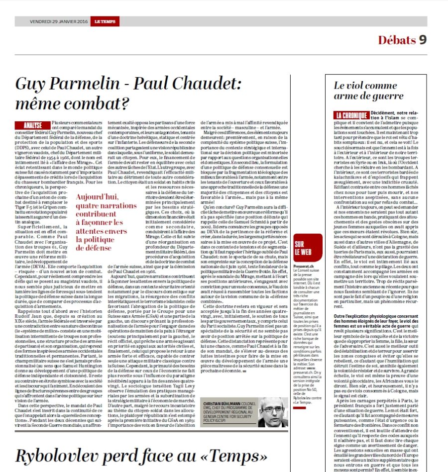 Nouvel article: « Guy Parmelin – Paul Chaudet: même combat? » Le Temps, 29 janvier 2016
